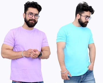 Tru Threads Solid Premium T-Shirt 2 Pcs Combo - Lavender, Cyan (Size - L)