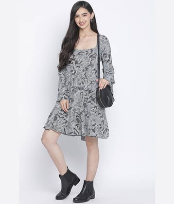 Oxolloxo Women Viscose Rayon Printed A-line Dress ( Grey )
