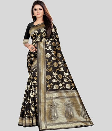 Gazal Fashions Silk Blend Printed Saree With Unstitched Blouse Piece ( Black )