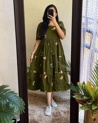 Women Cotton Emroidery dark green Middi Gown-S
