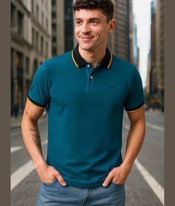 GET GOLF Men Cotton Blend Regular Fit Solid Polo T Shirt ( Teal Blue )