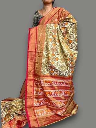 Pure Pochampally Ikkat Tissue Silk White Red Saree Online