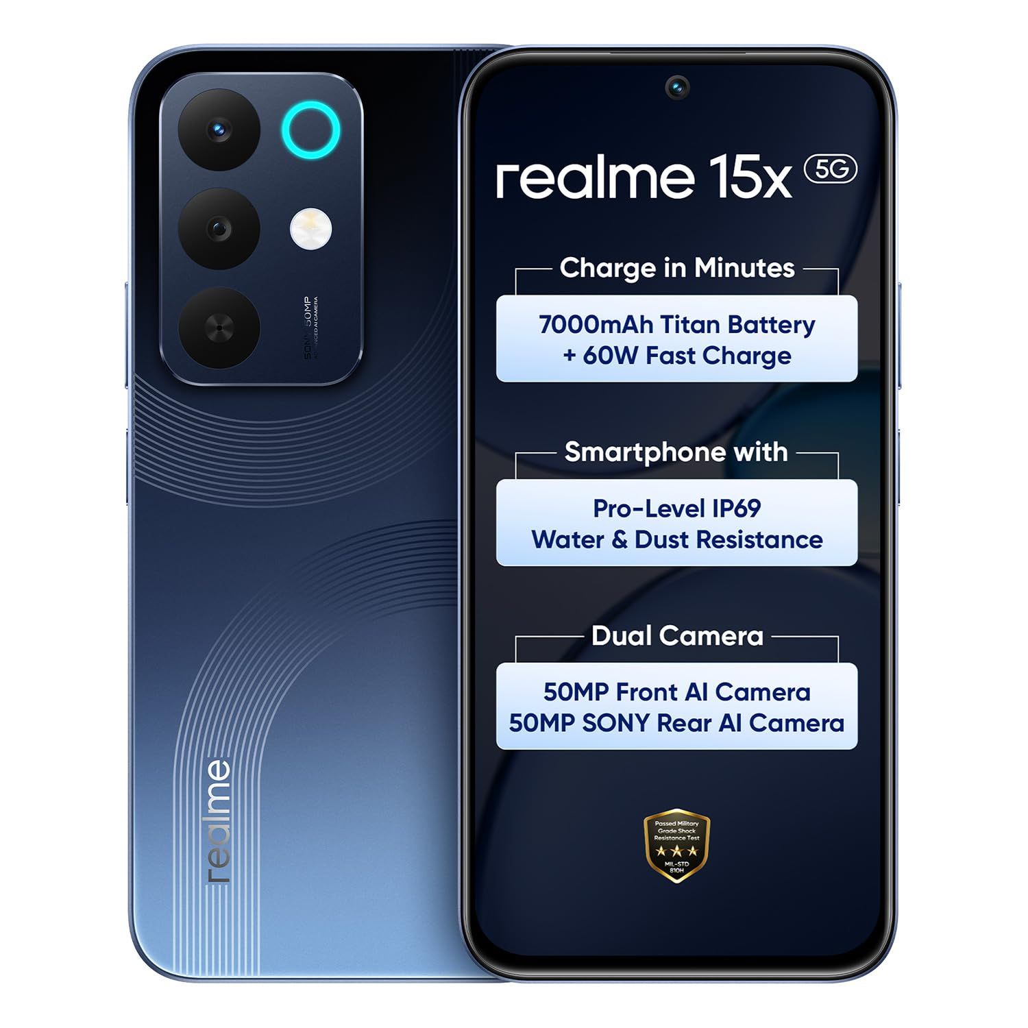 realme 15X 5G Smartphone 6+128GB Marine Blue, 6.8-inch Screen, 144Hz Display,7000mAh Battery, 60W Fast Charging, 50+50MP AI Camera,Dimensity 6300 6nm Octa-core chipset Processor, IP69 realme 15X 5G Smartphone 6+128GB Marine Blue, 6.8-inch Screen, 144Hz D
