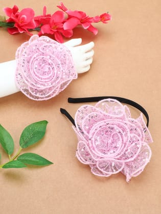 Sequins Flower Bracelet & Hairband Set-Pink-one Size / Pink