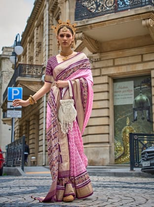 Pink contemporary Patola Print Silk  Saree