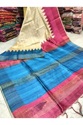 Semi Tussar Silk With Ganga Jamuna Temple Border - Beige
