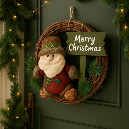 Coral Tree Rustic “Merry Christmas” Wreath with Santa Figurine – 38 cm Vine Ring with Wooden Sign & Pine Accents for Door and Wall Decoration Coral Tree Rustic “Merry Christmas” Wreath with Santa Figurine – 38 cm Vine Ring with Wooden Sign & Pine Accents for Door and Wall Decoration