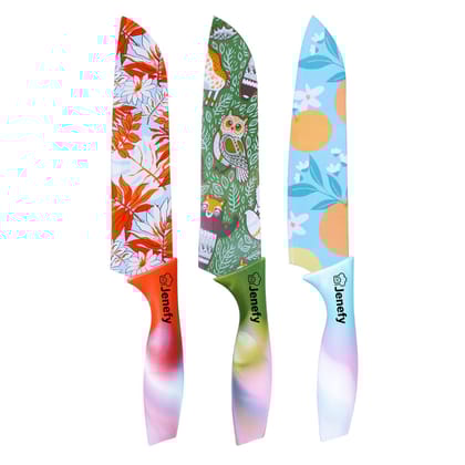 Jenefy Ultra Sharp Knife with prints of protective sheath Chef Knife Japanese Santoku Knife with Non stick coating NonSlip Ergonomic Handle & Blade Cover High Stainless Steel Blue Green & Red Combo
