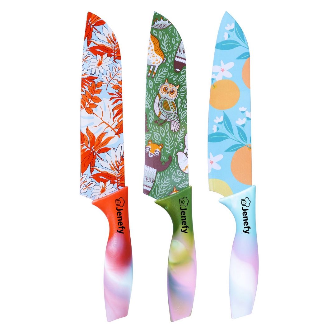 Jenefy Ultra Sharp Knife with prints of protective sheath Chef Knife Japanese Santoku Knife with Non stick coating NonSlip Ergonomic Handle & Blade Cover High Stainless Steel Blue Green & Red Combo