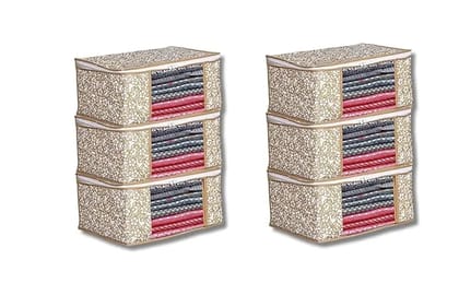 Bindian Multipurpose Saree Cover for Wardrobe Storage | Premium Non-Woven Fabric Cloth Organizer Box with Transparent Window & Zipper | Ideal for Storing Sarees & More (Beige, Pack of 6)