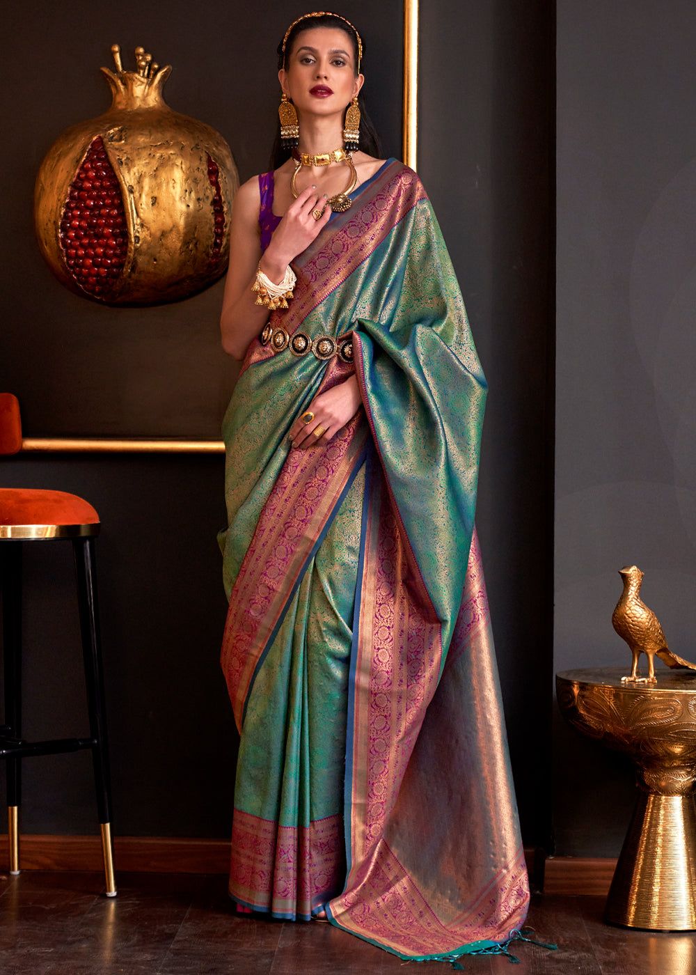 Antique Green Woven Banarasi Silk Saree With Contrast Brocade Blouse