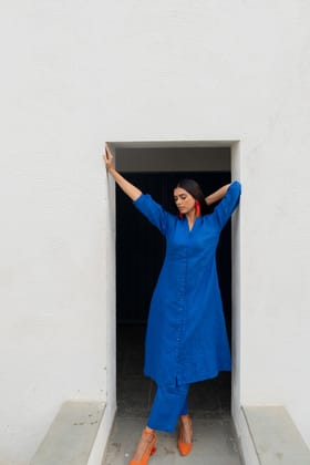 Sapphire Linen buttondown Kurta Set-S
