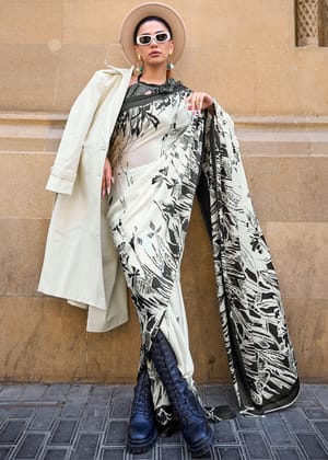 OFF WHITE AND BLACK SATIN CREPE PRINTED SAREE