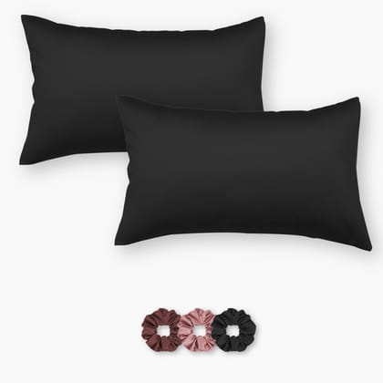 Black Satin Pillow Covers - Set of 2 (With 3 Free Scrunchies)-17 X 27 inch pillowcase - Standard