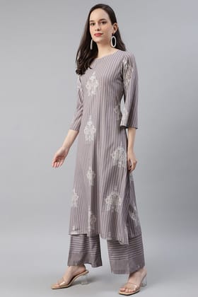 Ahika Women Poly Crepe Taupe Ethnic Motifs Printed Straight Kurta Palazzo Dupatta Set PKSKD1013