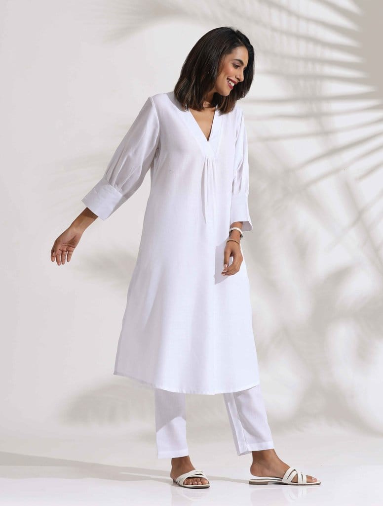 trueBrowns White Slub Kurta Set - White  (XS)