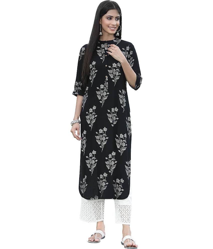 Juniper - Black Rayon Women's Straight Kurti ( Pack of 1 )