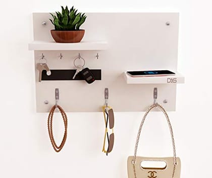 DAS Wall Mounted Home Décor Key Chain Holder/Organizer Key Hooks with Double Wall Shelf Display Rack Frosty White (7 Hooks)- Diana DAS Wall Mounted Home Décor Key Chain Holder/Organizer Key Hooks with Double Wall Shelf Display Rack Frosty White (7 Hooks)- Diana