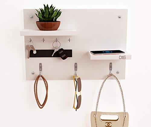 DAS Wall Mounted Home Décor Key Chain Holder/Organizer Key Hooks with Double Wall Shelf Display Rack Frosty White (7 Hooks)- Diana