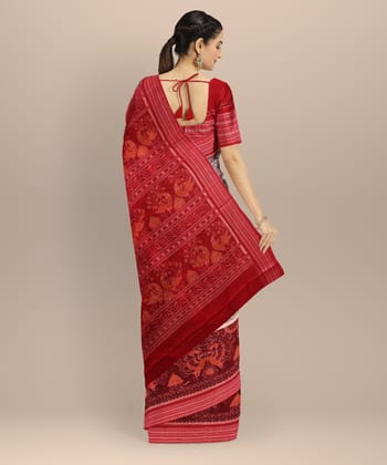Grey Red Cotton Handloom Sambalpuri Saree