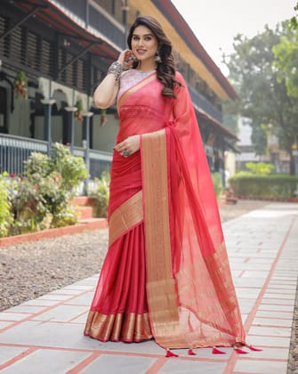 Radiant Rose Red Plain Chiffon Saree with Gold Zari Border, Intricate Printed Blouse & Tassel Accents-Regular