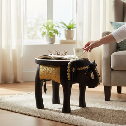 BAANMATA INTERNATIONAL Handicraft Drawing-Room Decors Showpiece Elephant-Table,Brass-Embossed Wooden Decorative Table, Luxurious Lamp-Table for Bedroom-Decoration