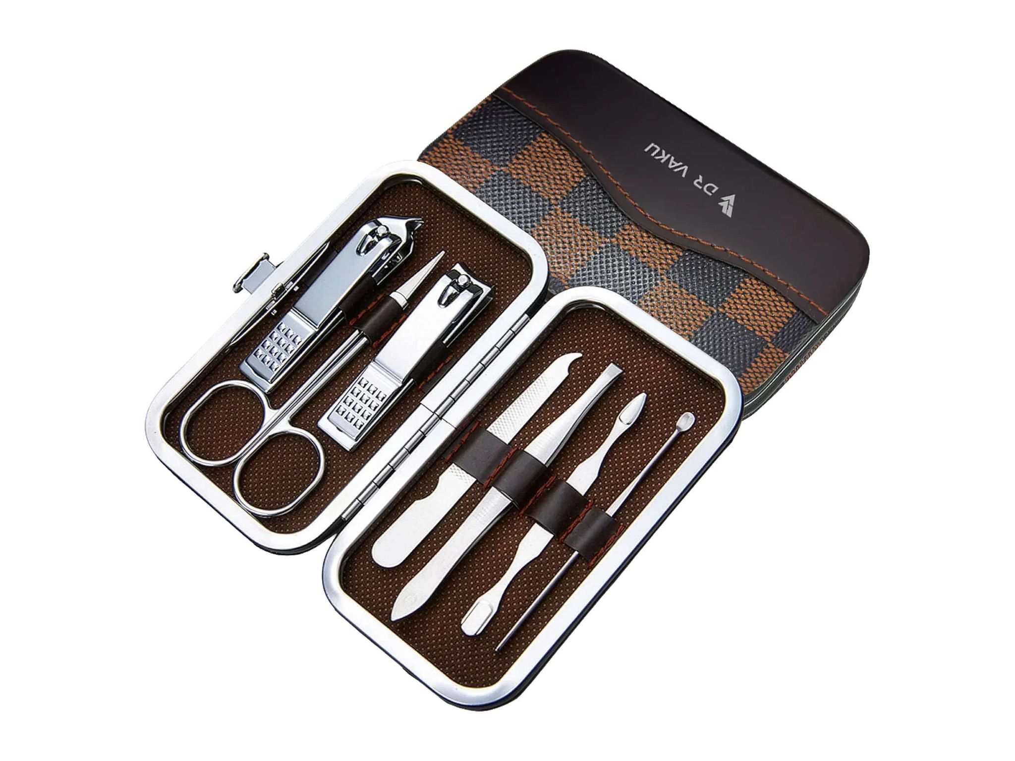 Dr Vaku 7 in 1 Nail Care Stainless Steel Tool Kit with Travel Case-Brown