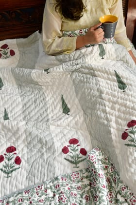 Cypress and Red flower Handblock Reversible Quilt / Rajai - Single