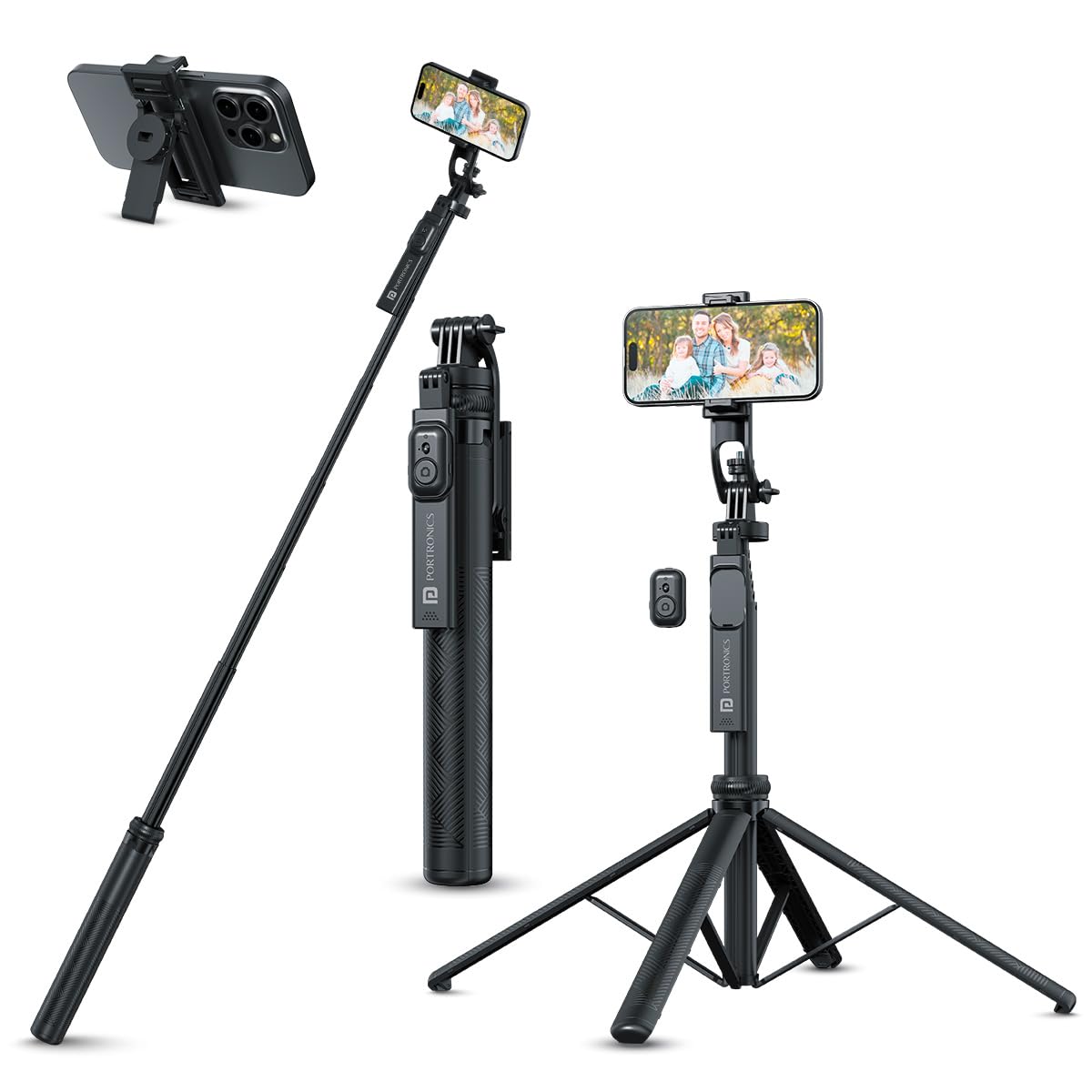 Portronics Lumistick 2 Portable Smart Selfie Stick with Upto 6ft. Tripod Stand, 3 in 1 Multifunctional Design, Detachable Bluetooth Remote Compatible for iPhone or Android, Best for Vlogging or Photo Shoot