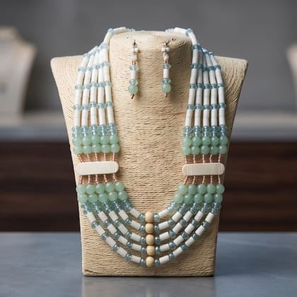 Traditional Multi-Strand Beaded Tribal Necklace & Earrings Set in Mint & Ivory