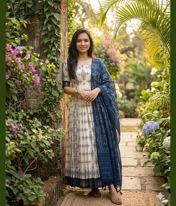INDIAN SILKS Women Cotton Self Design Anarkali Kurti ( Blue )