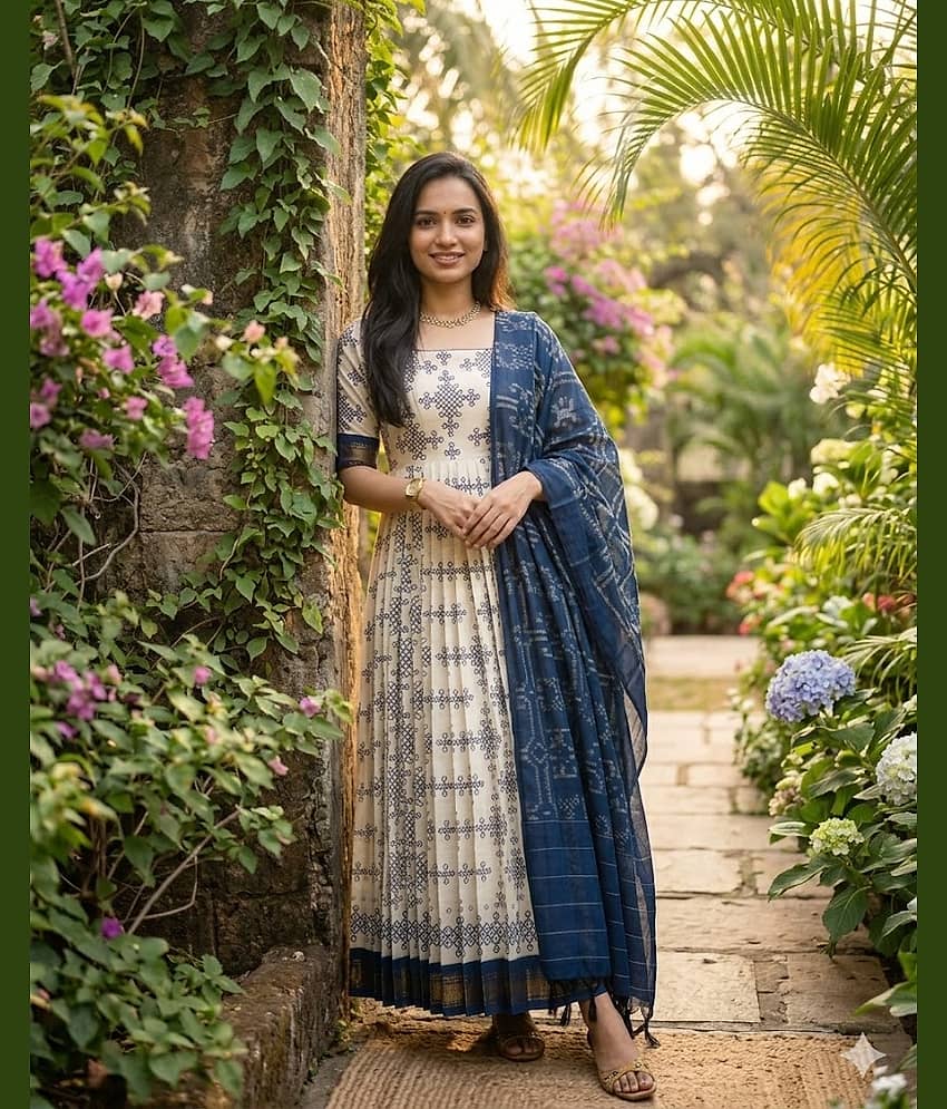 INDIAN SILKS Women Cotton Self Design Anarkali Kurti ( Blue )