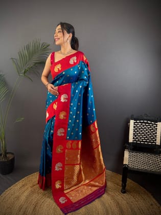 Royal Blue Soft Silk Butti Zari Weaving Contrast Weaving Border Banarasi Saree