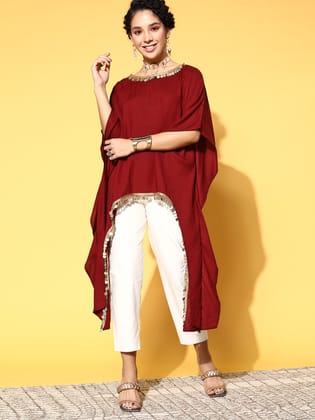 Rang Gali Asymmetric Ethnic Maroon Kaftan Top-S