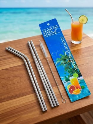 Delhi Deals Hub Reusable Stainless Steel Straws with Cleaning Brush Bent and Straight Pack of 5