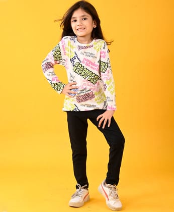 COLORFUL HAPPINESS FUN LONG SLEEVES T-SHIRT AND BLACK SPORTY LEGGING SET - WHITE/BLACK-6-12 MONTHS / 2N / WHITE/BLACK
