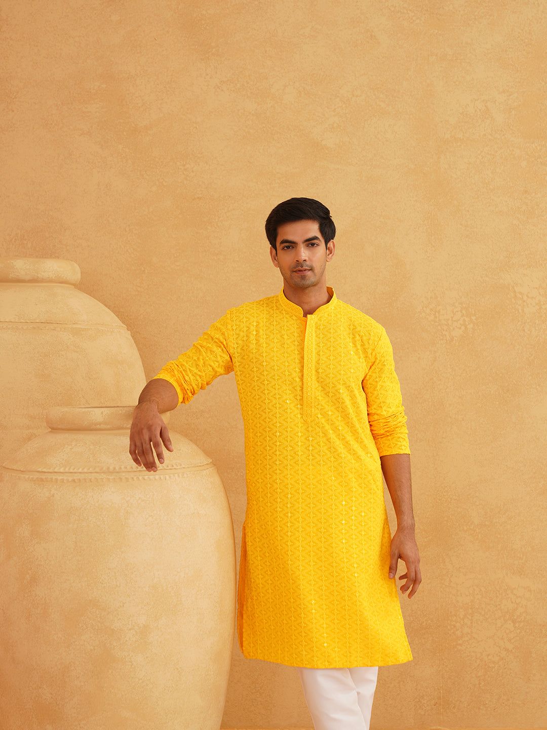 Men's Pure Cotton Mustard Embroidered Sequined Kurta-36