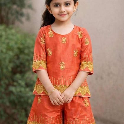 Burnt Orange SilkCotton HandEmbroidered KurtaSharara Set