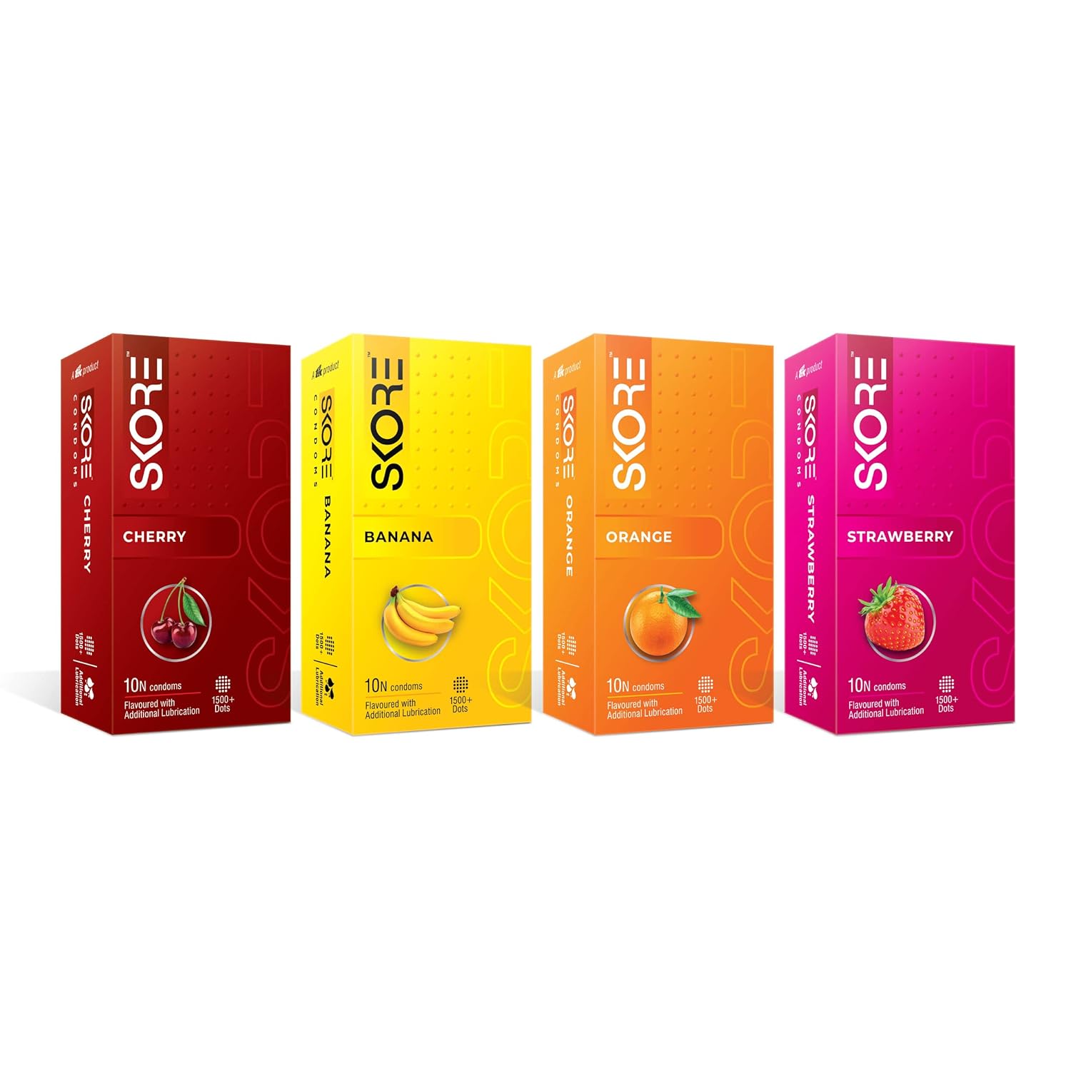 Skore Fruit Basket Condoms Combo | Flavoured - Orange, Banana, Cherry & Strawberry | Coloured) - 10 Pieces, Pack of 4