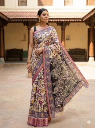 Kalamkari Silk Saree with Mythological Procession Motif