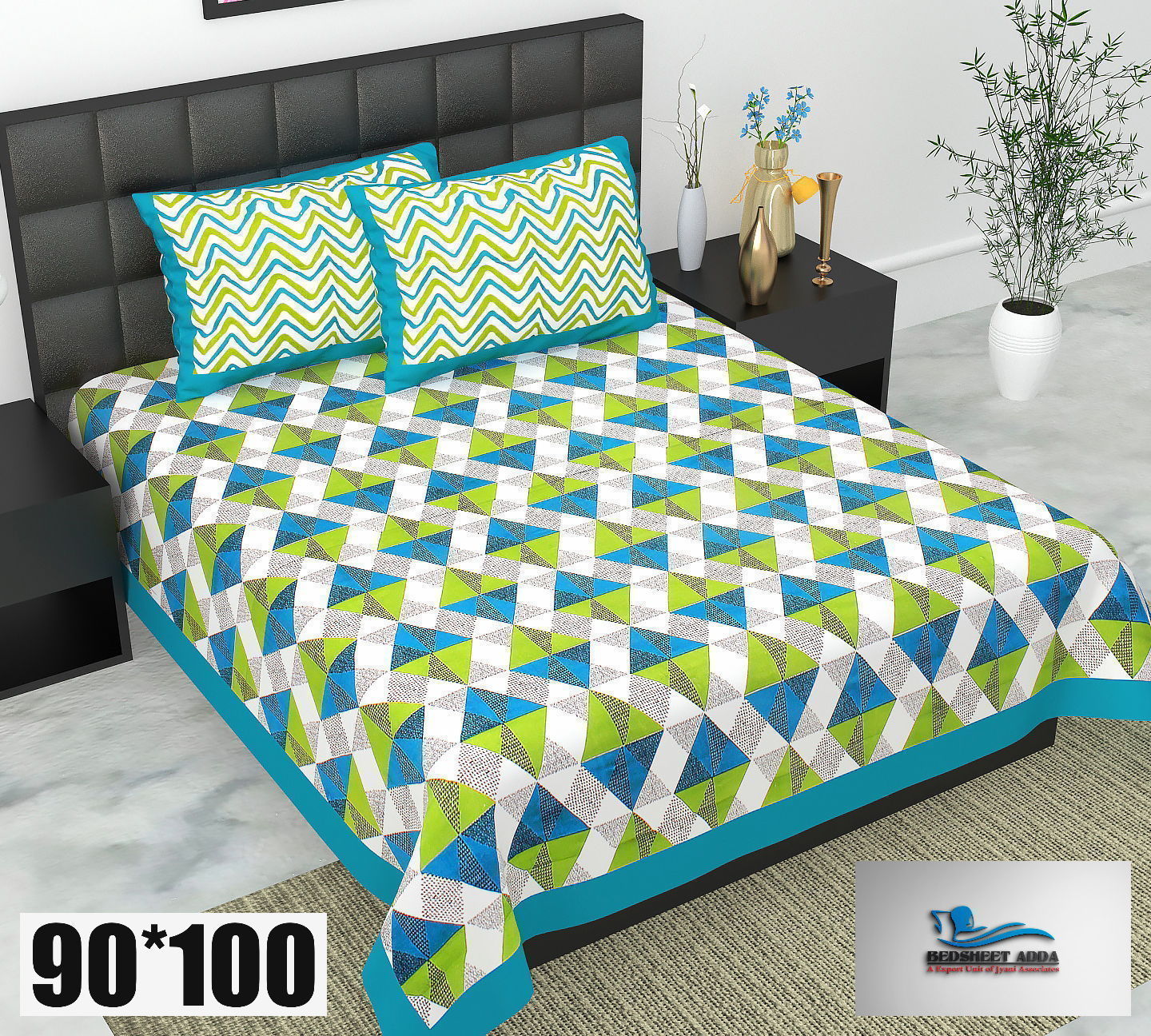 2001-Bedsheet Adda-Pure Cotton Jaipuri Printed Double Bedsheet With 2 Pillow Covers-Patag-Green