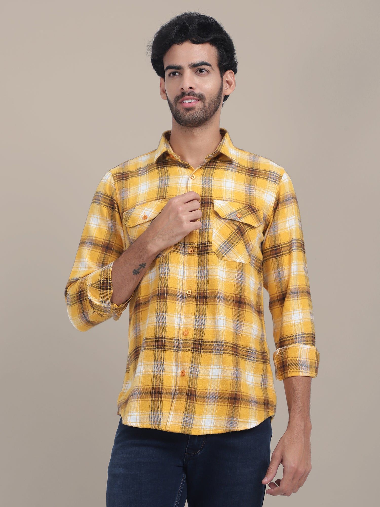 Premium Cotton Yellow Plaid Flannel Shirts-S-38