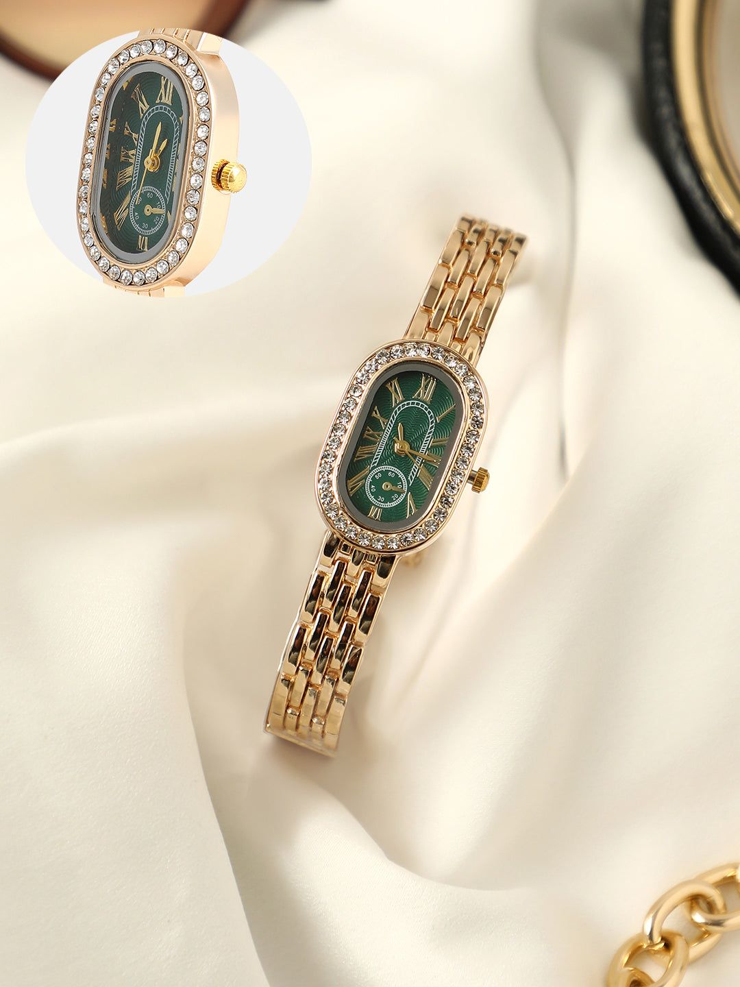 The Embellished Roman Oval Watch - Emerald Green-Watches