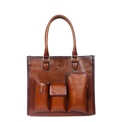 Fashion Forward Multi Pockets Ladies Handbag in Tan Leather-FS
