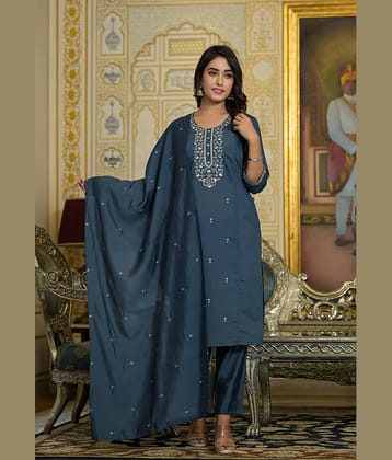 Juniper Viscose Embroidered Kurti With Pants Women's Stitched Salwar Suit - Grey ( Pack of 1 )
