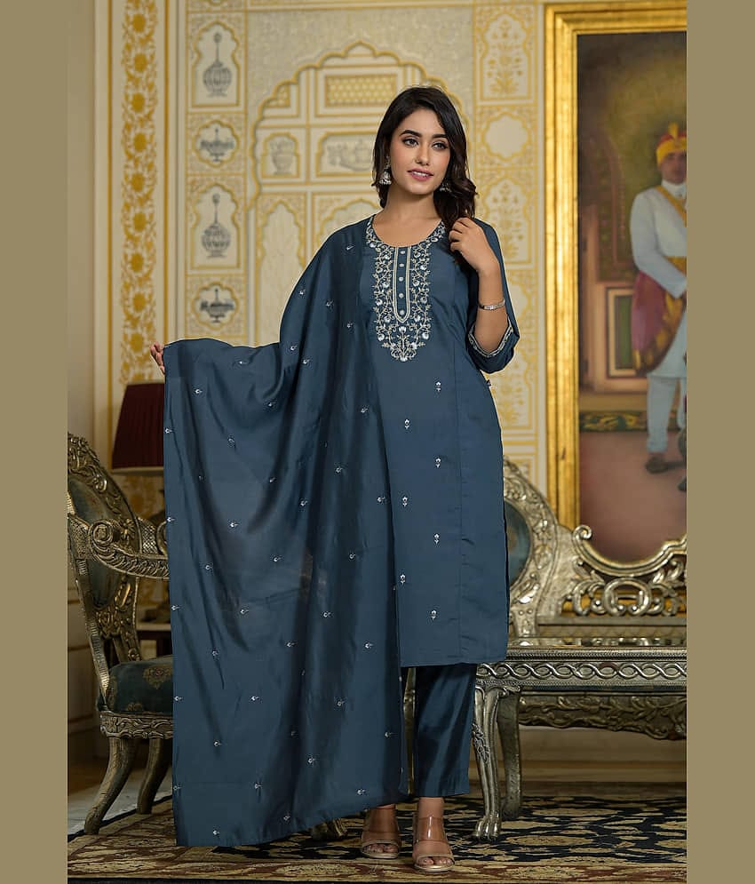 Juniper Viscose Embroidered Kurti With Pants Women's Stitched Salwar Suit - Grey ( Pack of 1 )