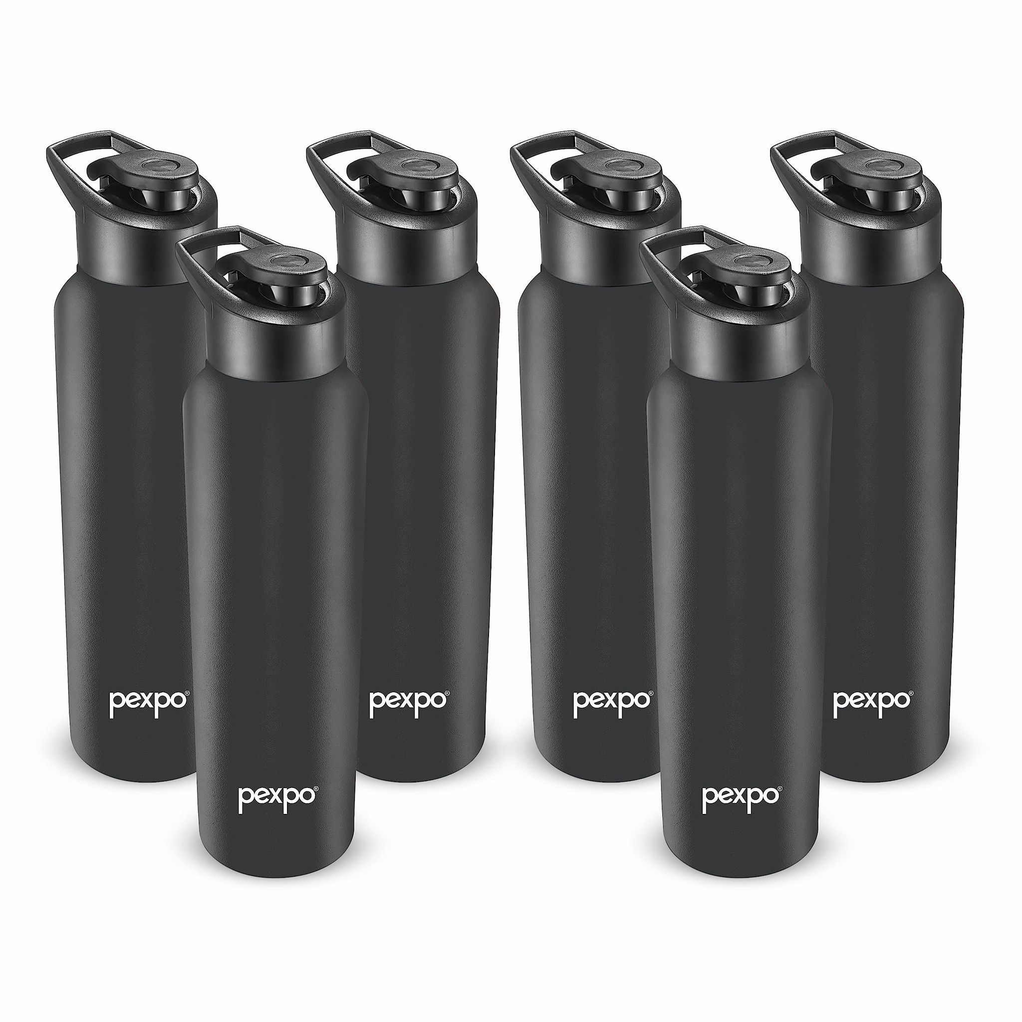 PEXPO Stainless Steel Sports/Fridge Water Bottle, 1000 ml, Pack Of 6, Knight Black, Chromo | Wide Mouth & Leak-Proof Water Bottle