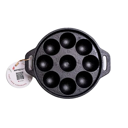 Aarogyam Cast Iron Paniyaram (Rough), Pre-Seasoned 9 inch Diameter (23cm), Naturally Non-stick, Toxin-Free, Gas & Induction Compatible, Weight- 1.5 kg (Colour - Black) by Aarogyam - The Cast Iron Shop