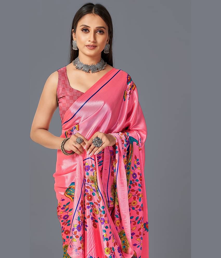 LEELAVATI Crepe Printed Saree With Unstitched Blouse Piece ( Pink )