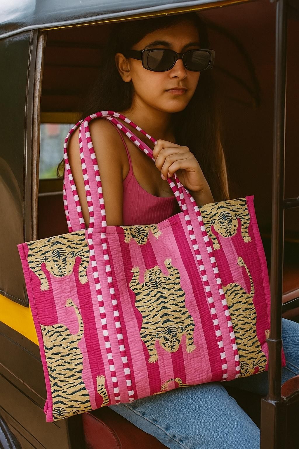 Handblock Printed Quilted Tote Bag without zip/button 17x18x 6 inches